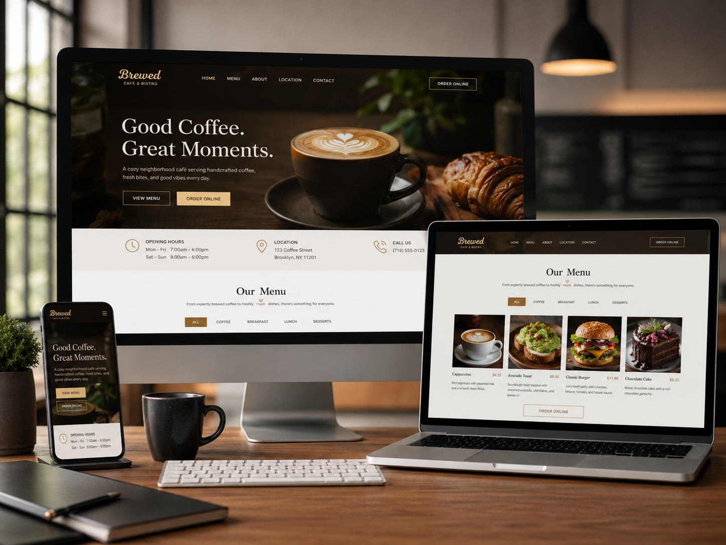 Cafe website shown on desktop, laptop, and mobile devices with menu section visible